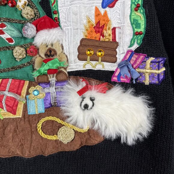 Vtg Ugly Christmas Sweater Womens Small 3D Tree Fireplace Dog Bear Gifts Holiday - Picture 7 of 13